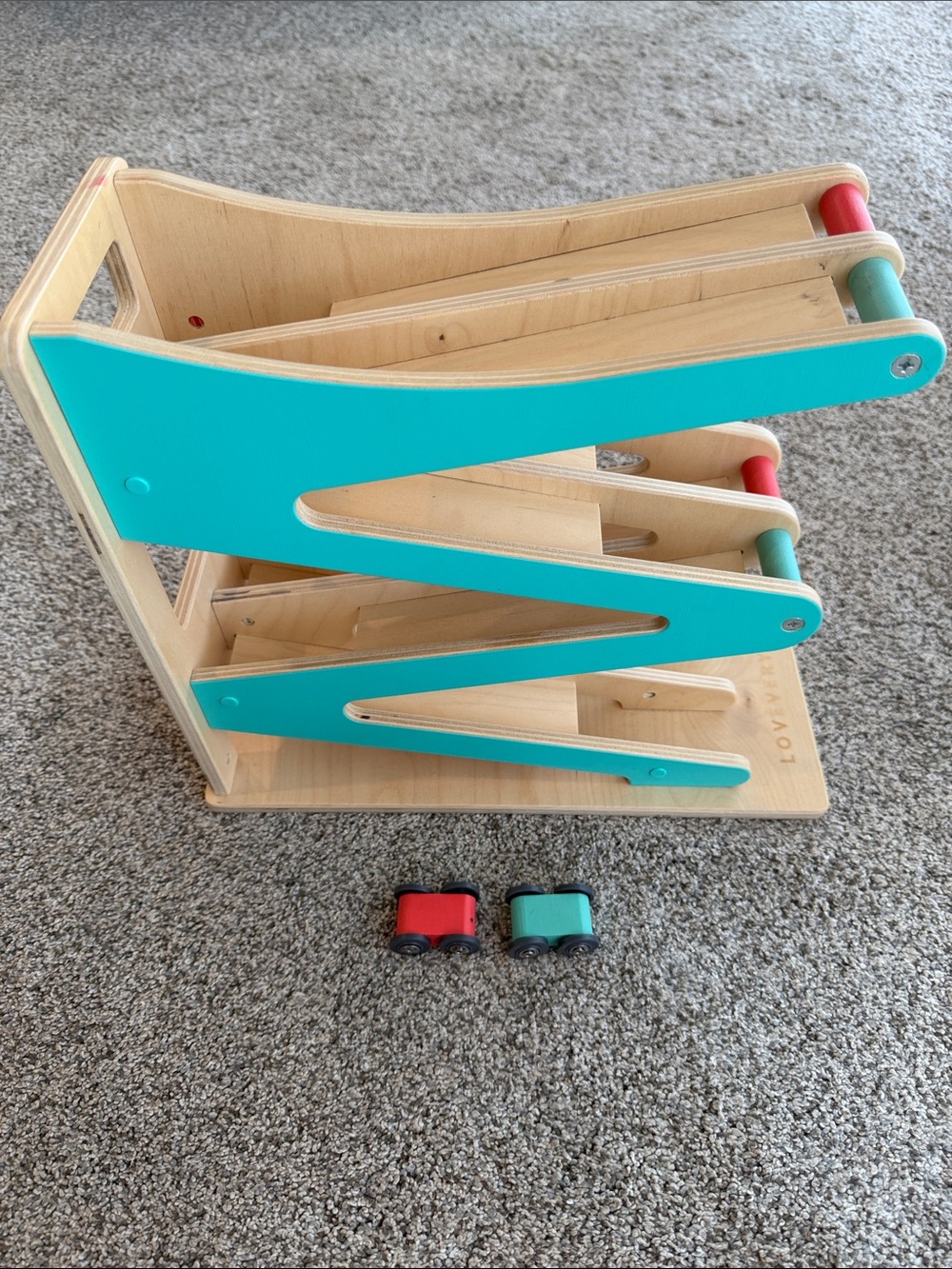 Lovevery Wooden Toddler Car Ramp with Red and Teal Cars